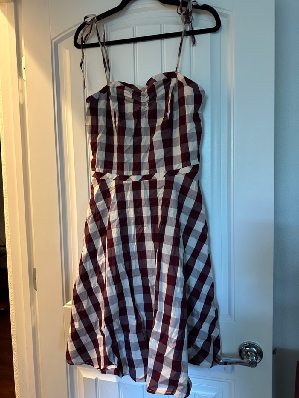 Plaid Tie-Strap Sundress in Burgundy and White size large pinup